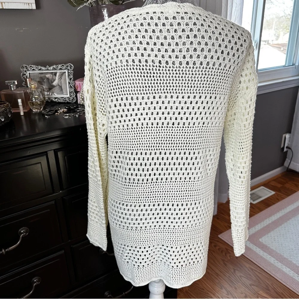 Cream Crochet Open Knit Sweater Tunic | Coastal Boho Beach Coverup Size M
